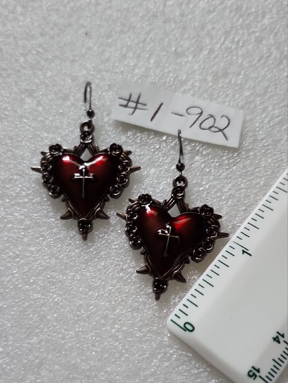 Hand Crafted Deep Red Heart Cross Dangle Earrings